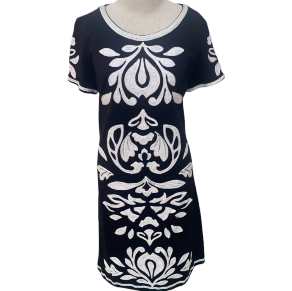 INC; Black Pullover Dress with White Embroidered Design, Sz L